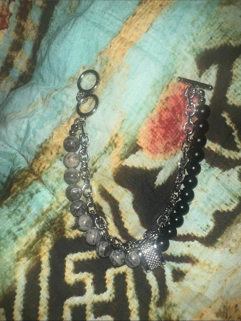 NWOT Matte Black Gray Tiger Eye Beaded Chain Bracelet